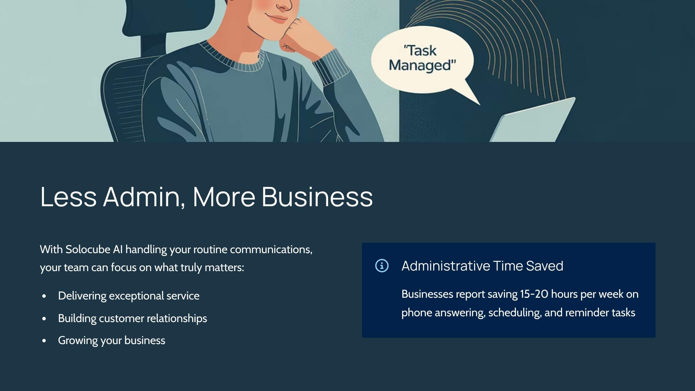 Less Admin More Business - Solocube AI: The 24/7 AI Receptionist Built to Book More Jobs
