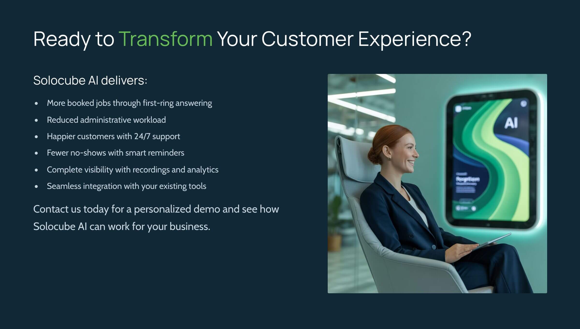 Ready to Transform Your Customer Experience - Solocube AI: The 24/7 AI Receptionist Built to Book More Jobs