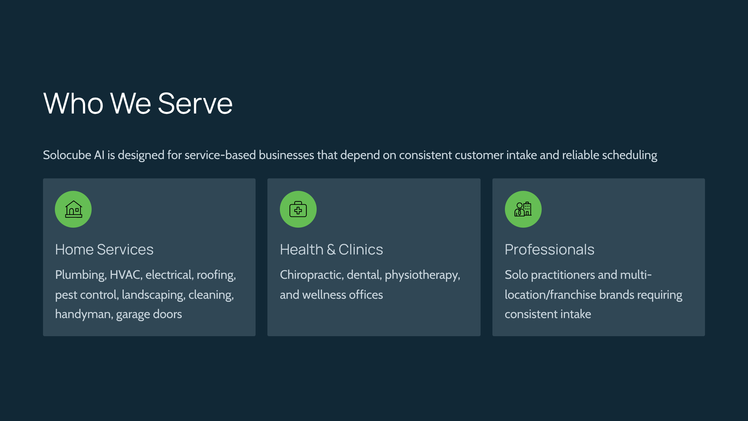 Who We Serve 1 - Solocube AI: The 24/7 AI Receptionist Built to Book More Jobs
